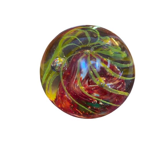 Vintage Glass Paperweight Handblown Art Glass Paperweight Yellow Red Swirls - Picture 2 of 6